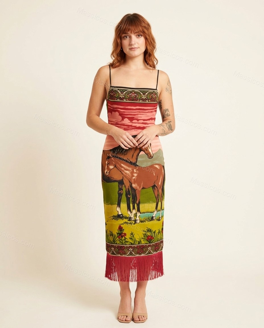 Red Pink Sunset and Green-yellow Fringe Dress, front studio view, by Massicos