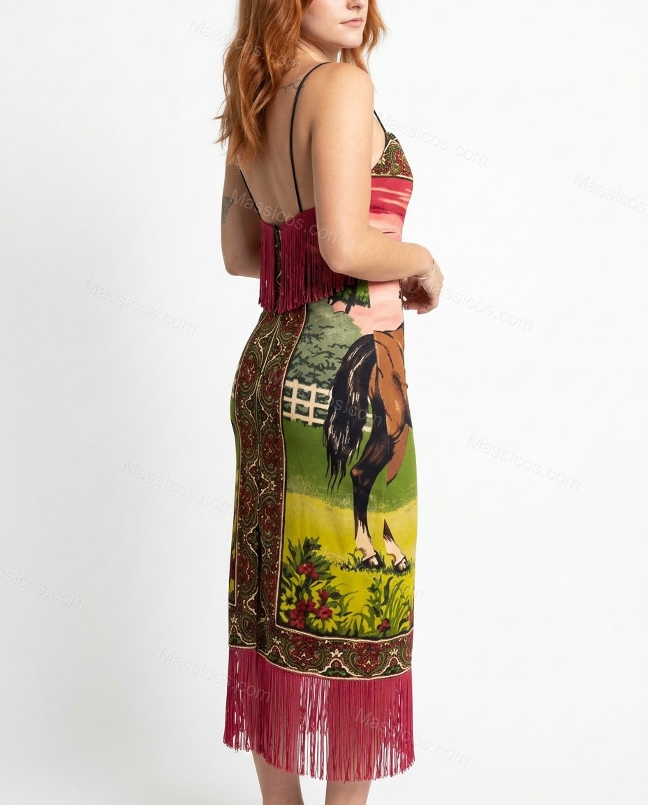 Red Pink Sunset and Green-yellow Fringe Dress, back studio view, by Massicos