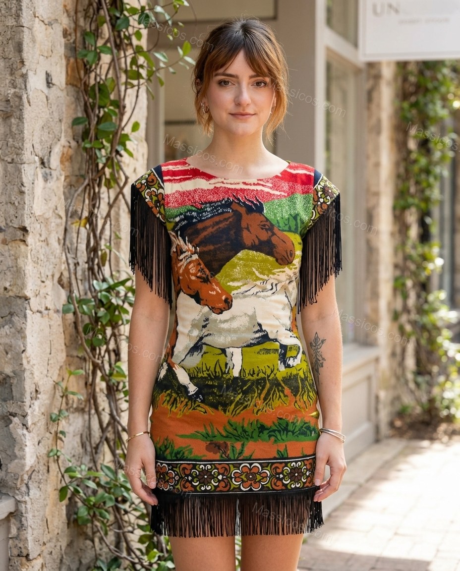 Red Green and Brown Horse Mini Fringe Dress, three-quarter brand lifestyle view, by Massicos