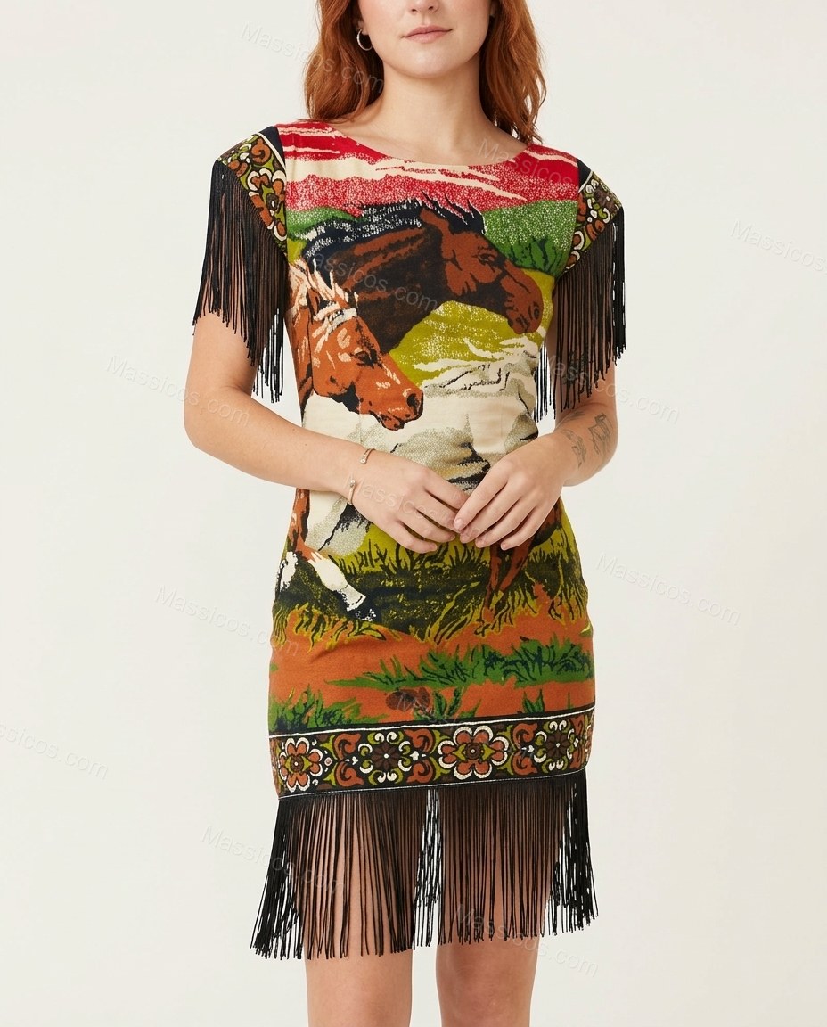 Red Green and Brown Horse Mini Fringe Dress, front studio view, by Massicos