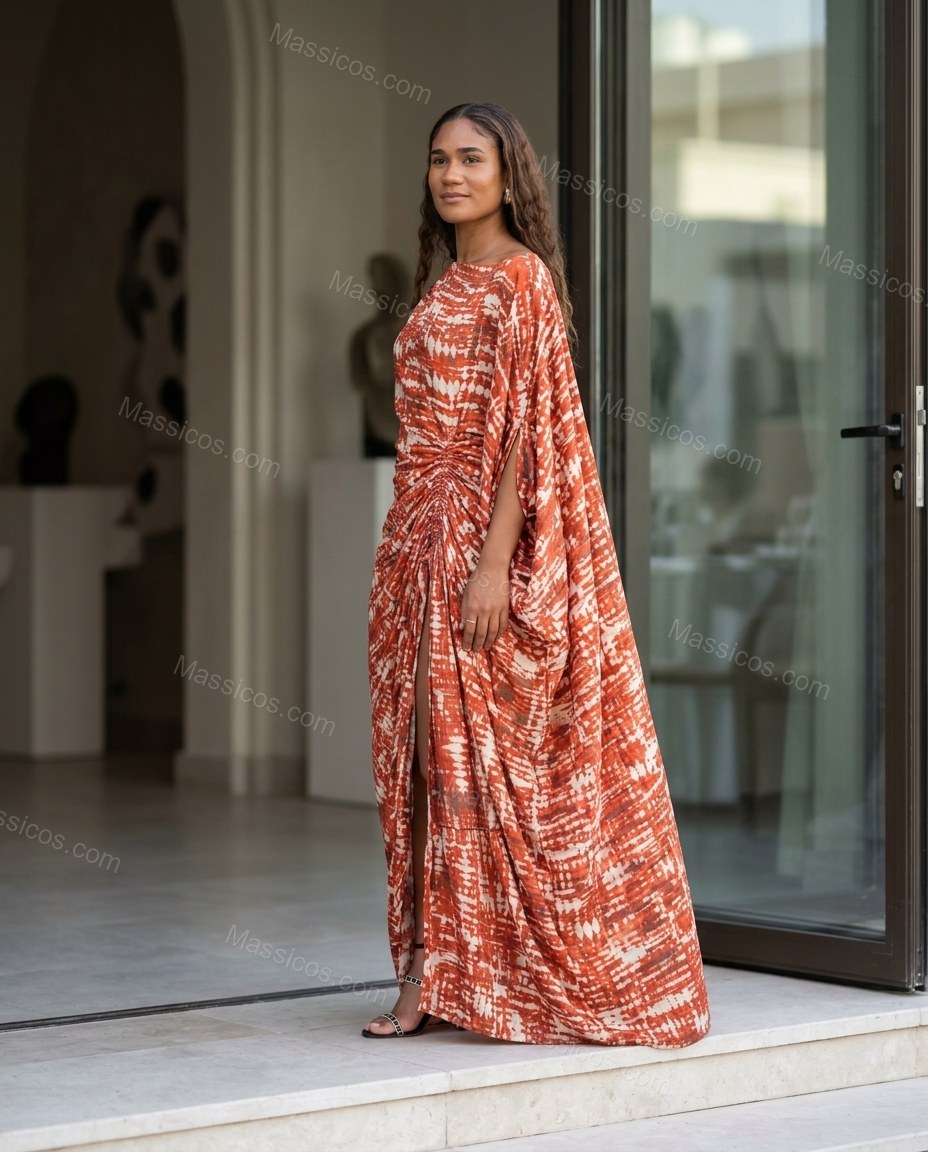 Orange-red and White Cape Dress, alternate use-case lifestyle view, by Massicos