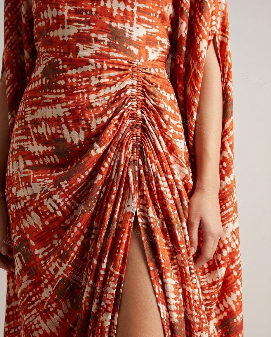 Orange-red and White Cape Dress, close-up of cream and brown accents, high side slit and side ruching, by Massicos