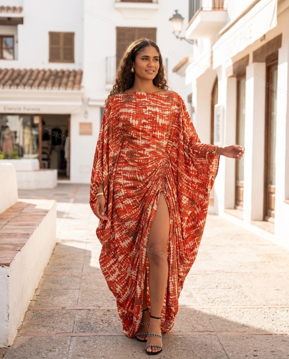 Orange-red and White Cape Dress, movement and fit lifestyle view, by Massicos