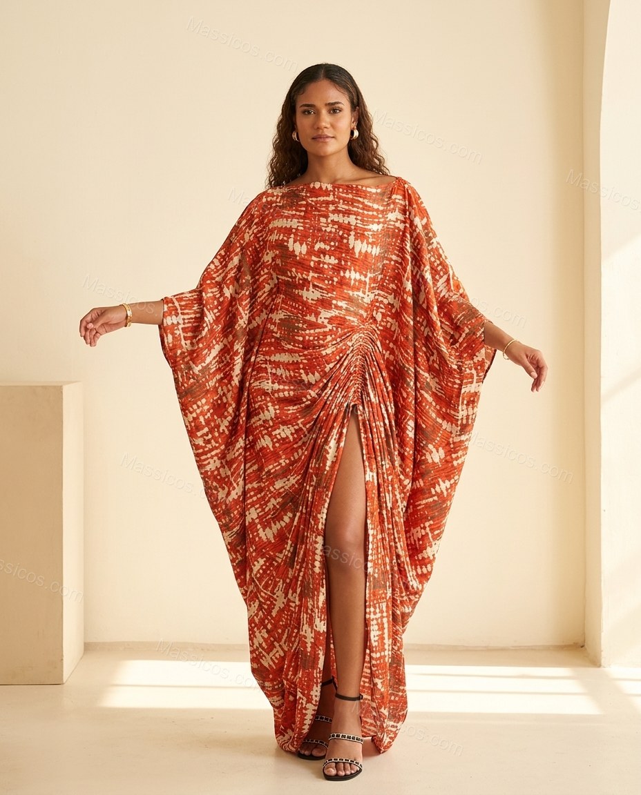 Orange-red and White Cape Dress, full-length hero view, by Massicos