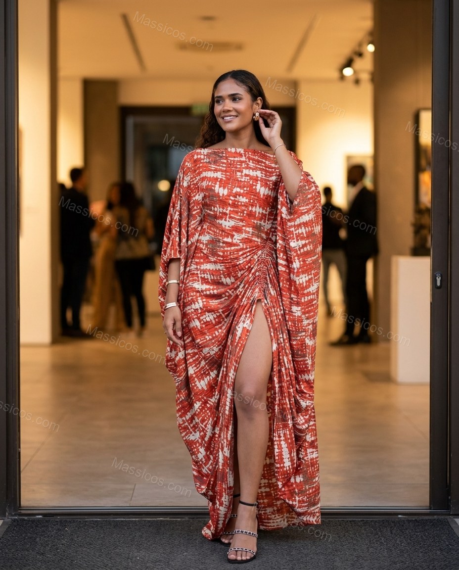 Orange-red and White Cape Dress, three-quarter brand lifestyle view, by Massicos