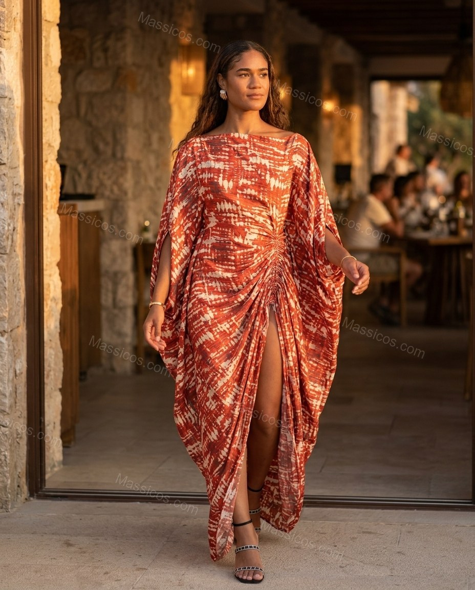 Orange-red and White Cape Dress, walking lifestyle view, by Massicos