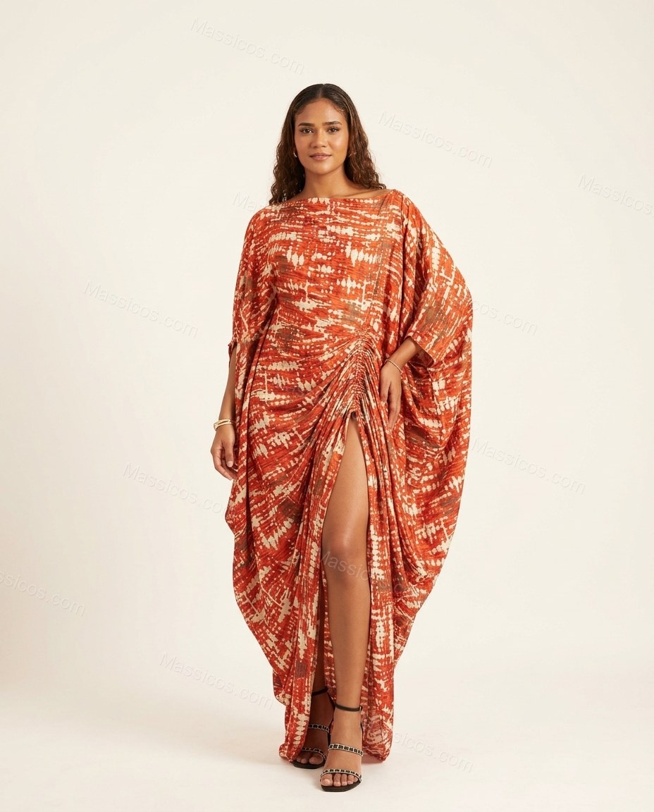 Orange-red and White Cape Dress, front studio view, by Massicos