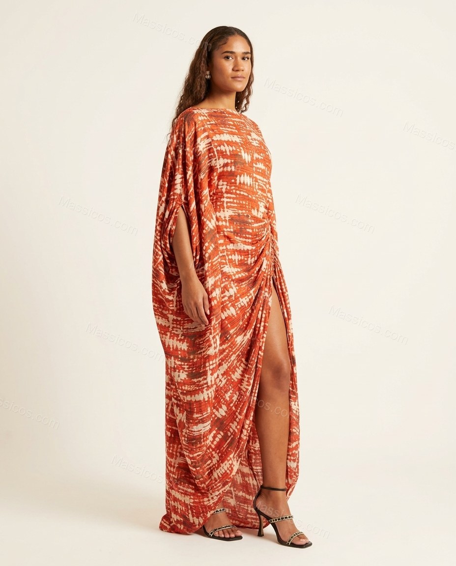 Orange-red and White Cape Dress, side and back studio view, by Massicos