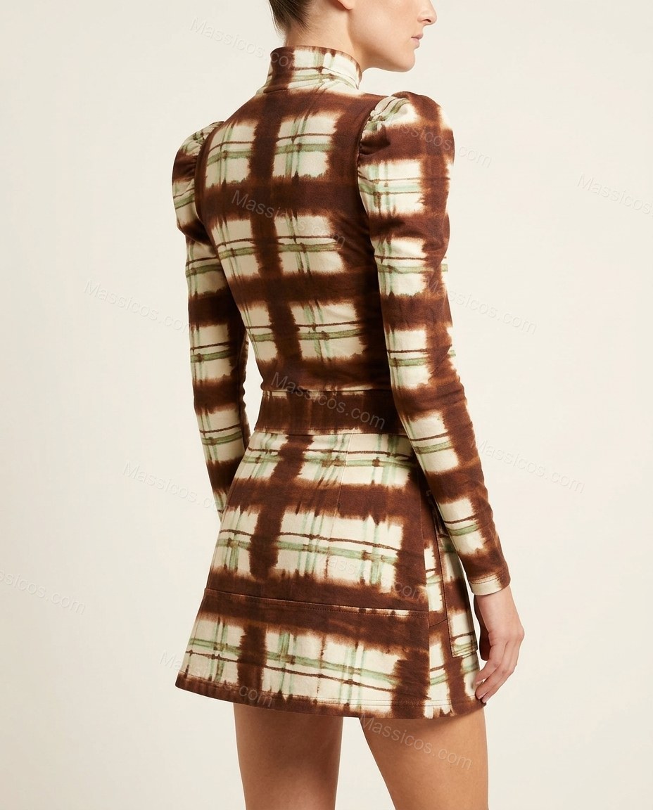 Brown Mint Green and Ivory Tie-Dye Mini Top & Skirt Set, back studio view, by Massicos