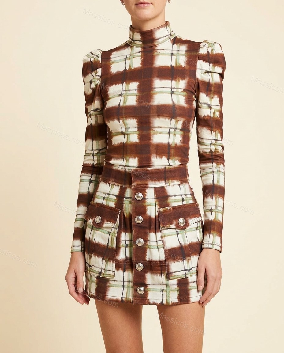 Brown Mint Green and Ivory Tie-Dye Mini Top & Skirt Set, full-length hero view, by Massicos