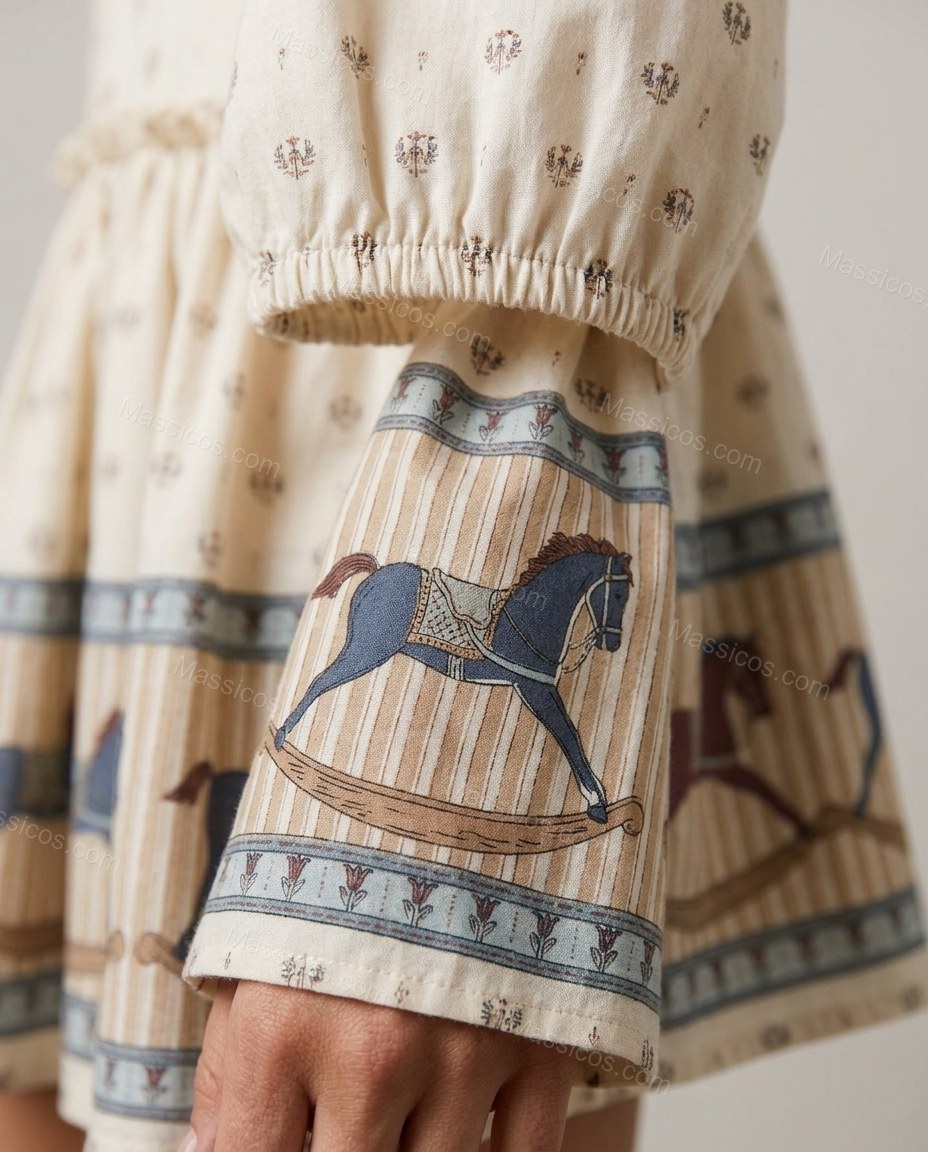 Ivory Cream Mini Dress, close-up of brown and blue rocking-horse motif accents, gathered waist and gathered cuffs, by Massicos