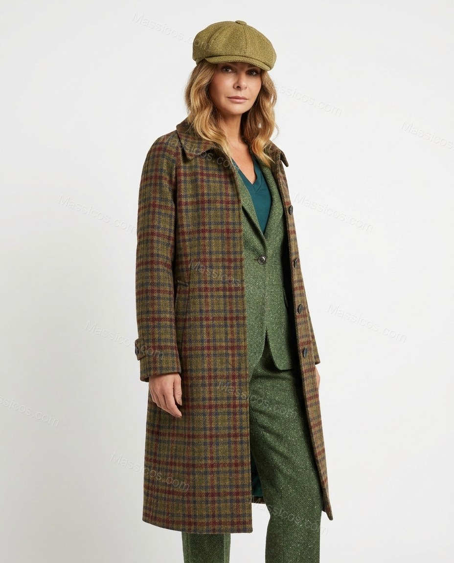 Muted Olive, Brown and Burgundy Plaid Coat, side and back studio view, by Massicos