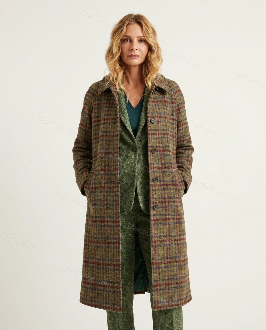 Muted Olive, Brown and Burgundy Plaid Coat, front studio view, by Massicos