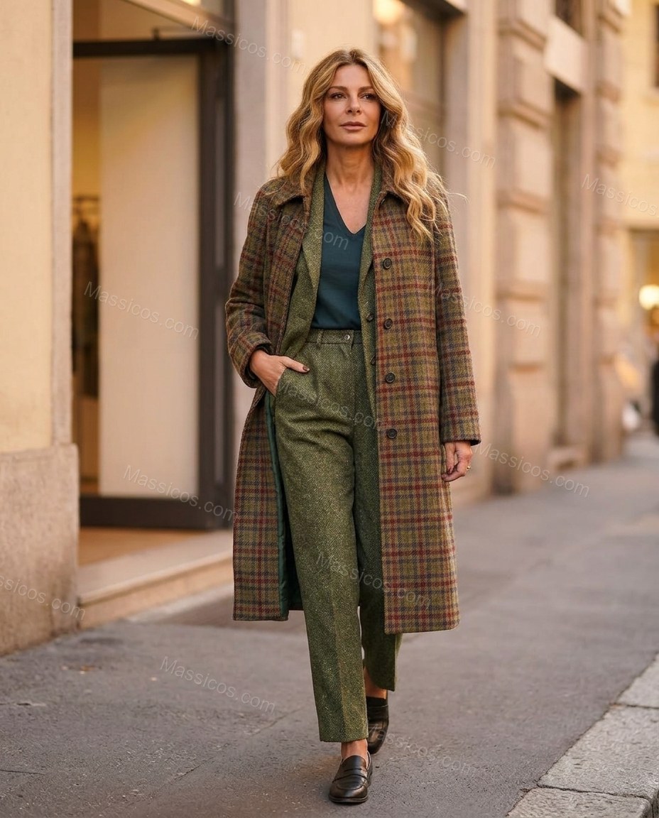 Muted Olive, Brown and Burgundy Plaid Coat, alternate use-case lifestyle view, by Massicos