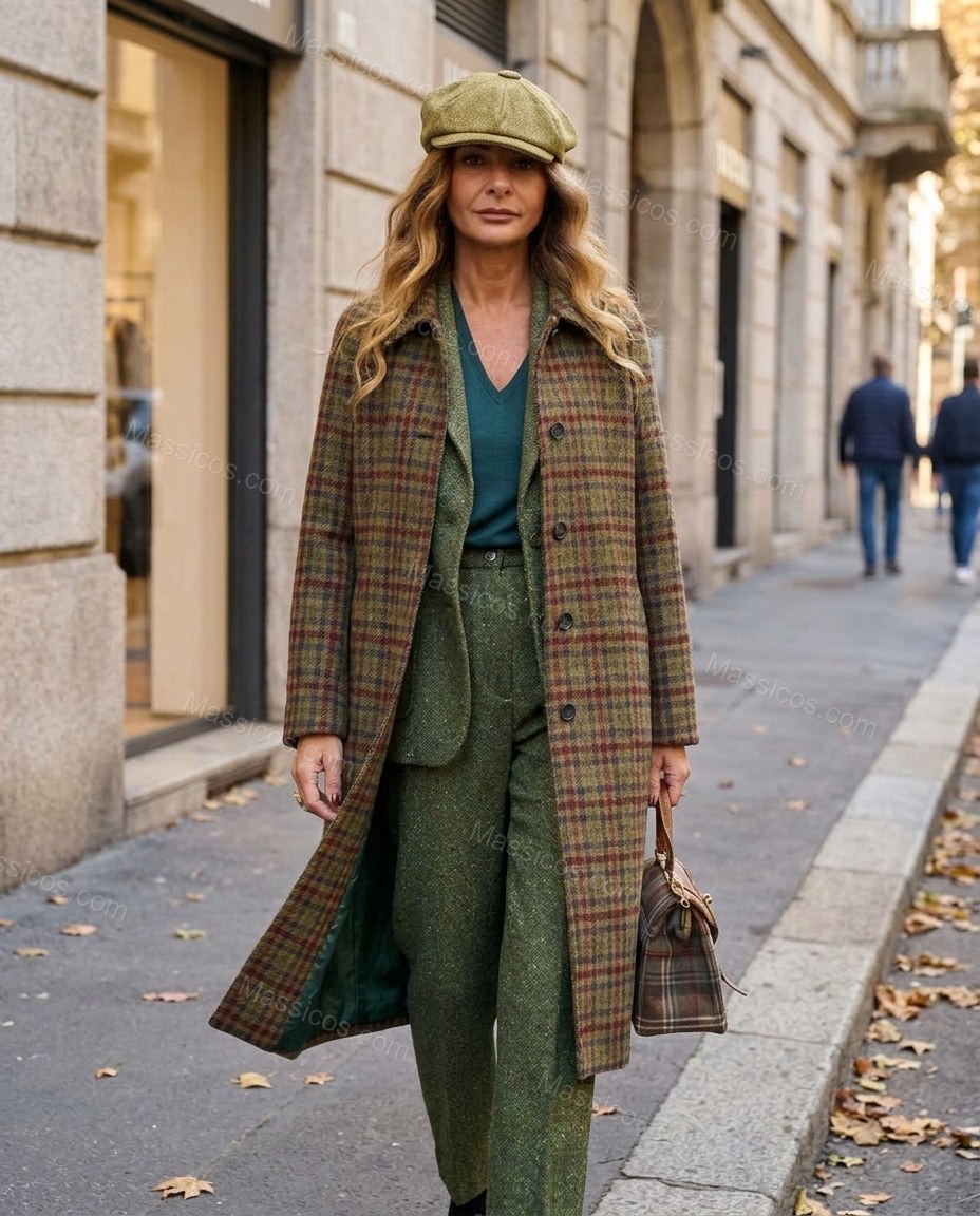 Muted Olive, Brown and Burgundy Plaid Coat, walking lifestyle view, by Massicos