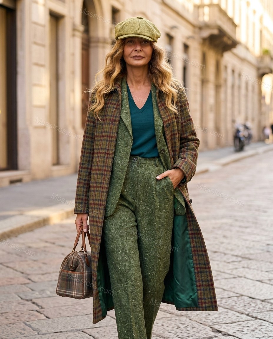 Muted Olive, Brown and Burgundy Plaid Coat, full-length hero view, by Massicos