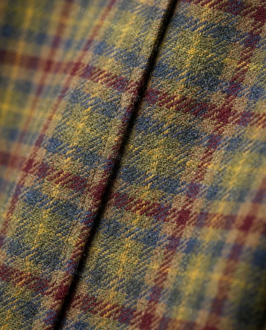 Muted Olive, Brown and Burgundy Plaid Coat, close-up of plaid, by Massicos