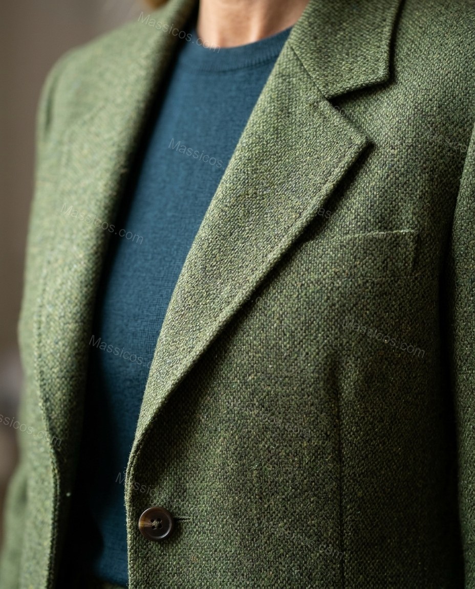 Moss Green Blazer, close-up of exact fiber composition unknown; follow visible source texture, by Massicos