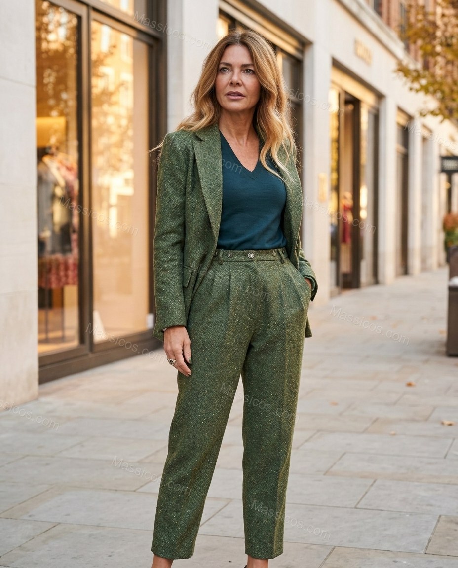 Moss Green Blazer, three-quarter brand lifestyle view, by Massicos