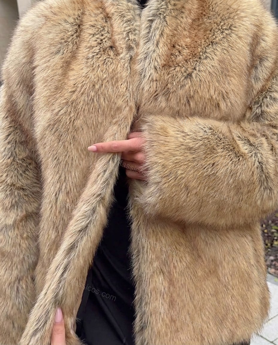 Warm Beige Faux-Fur Jacket, close-up of dark brown accents, shawl collar and long sleeve, by Massicos