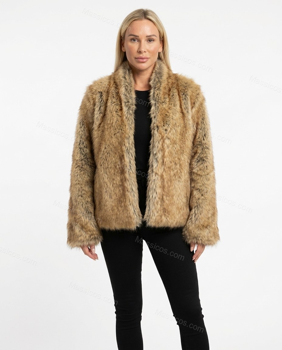 Warm Beige Faux-Fur Jacket, front studio view, by Massicos