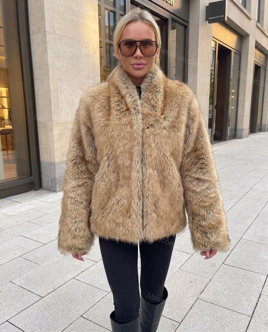 Warm Beige Faux-Fur Jacket, three-quarter brand lifestyle view, by Massicos