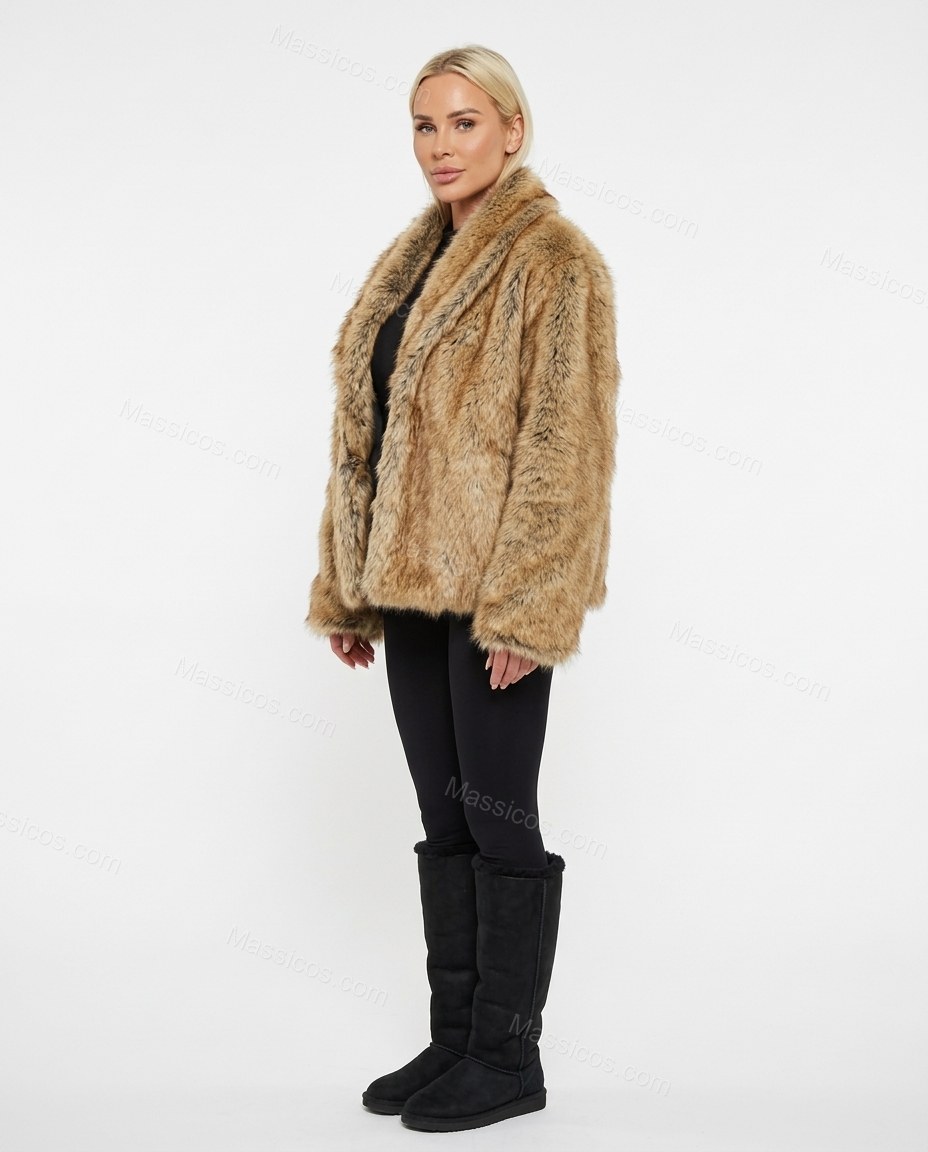 Warm Beige Faux-Fur Jacket, side and back studio view, by Massicos