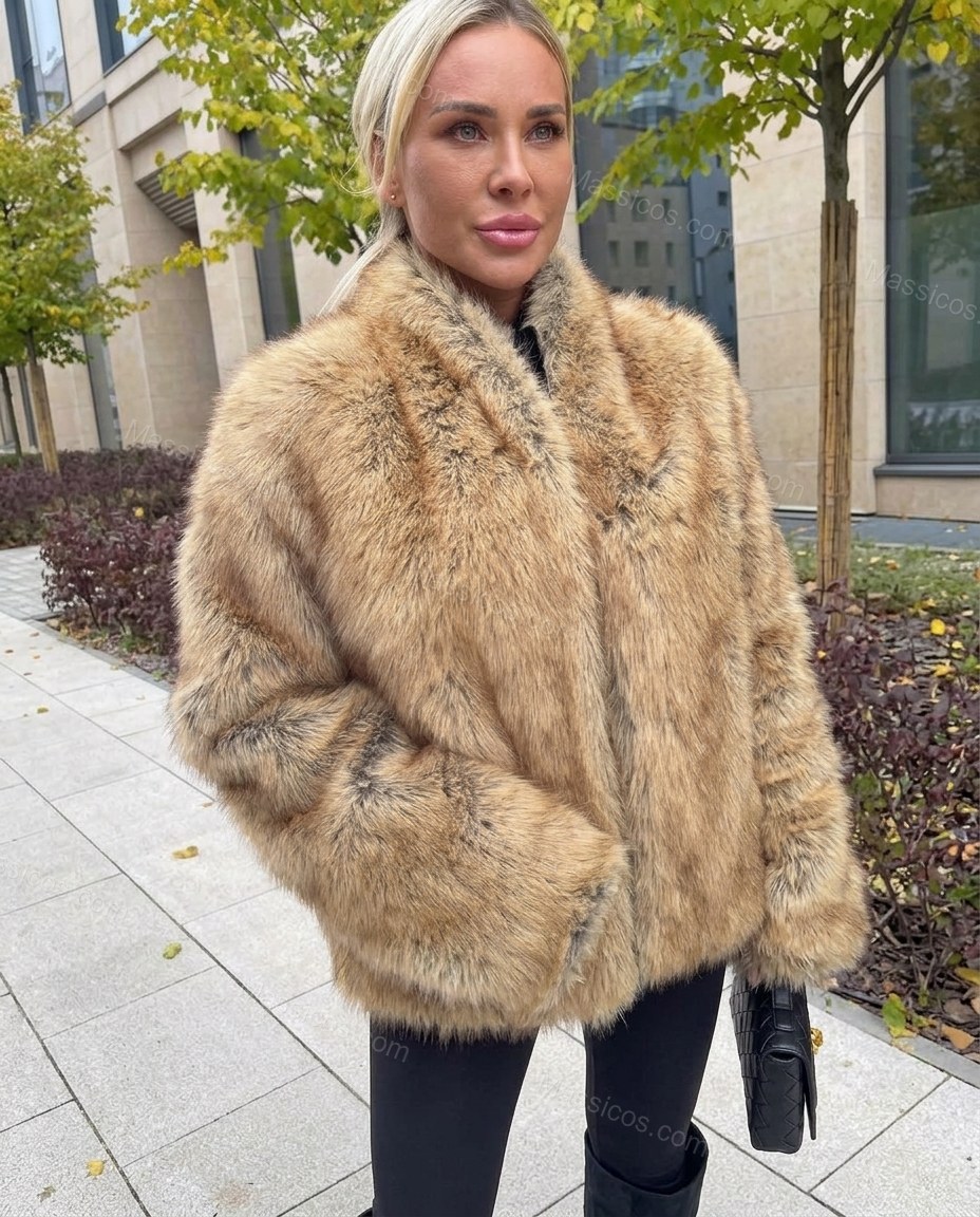 Warm Beige Faux-Fur Jacket, full-length hero view, by Massicos
