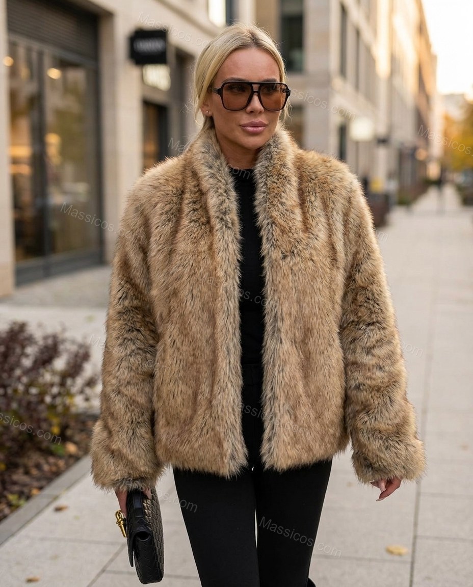 Warm Beige Faux-Fur Jacket, walking lifestyle view, by Massicos