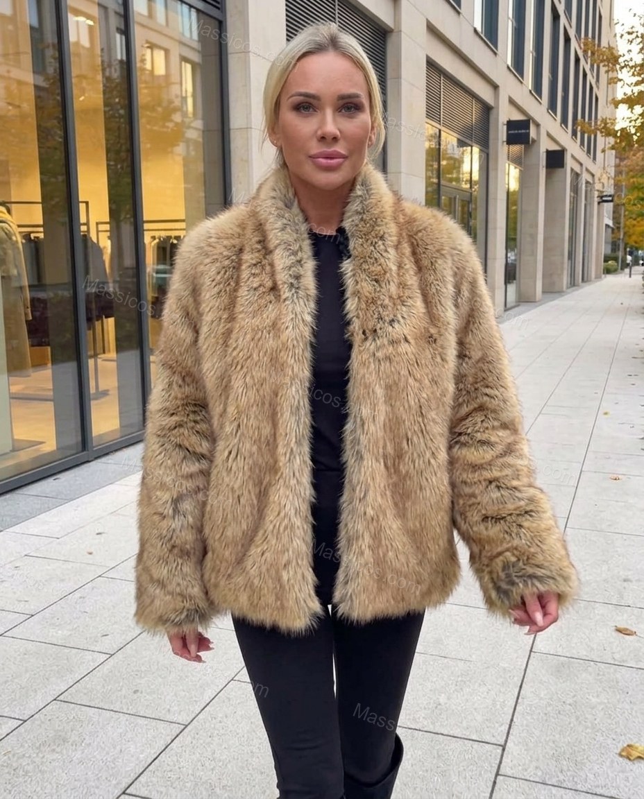 Warm Beige Faux-Fur Jacket, movement and fit lifestyle view, by Massicos