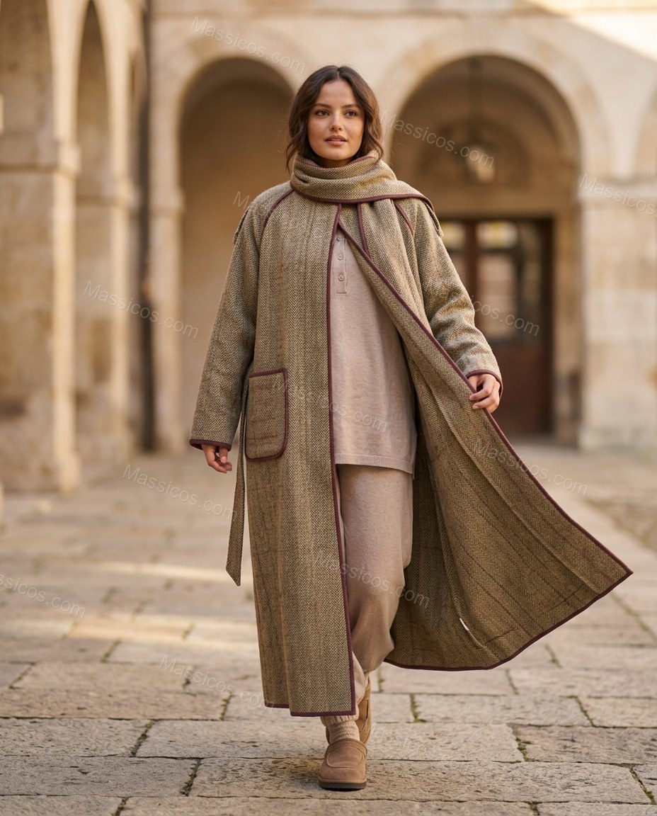 Grey Beige Plaid Coat, walking lifestyle view, by Massicos