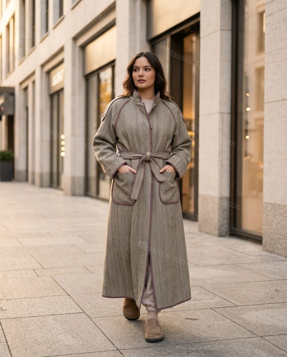 Grey Beige Plaid Coat, movement and fit lifestyle view, by Massicos
