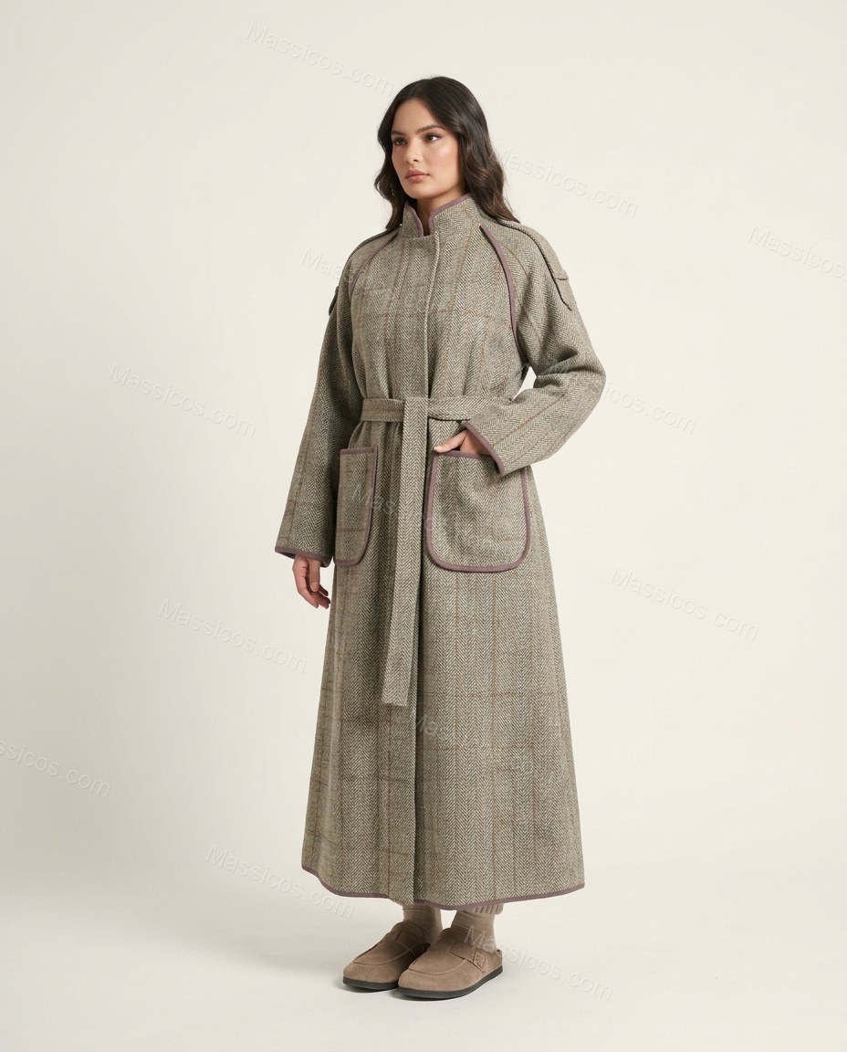 Grey Beige Plaid Coat, side and back studio view, by Massicos
