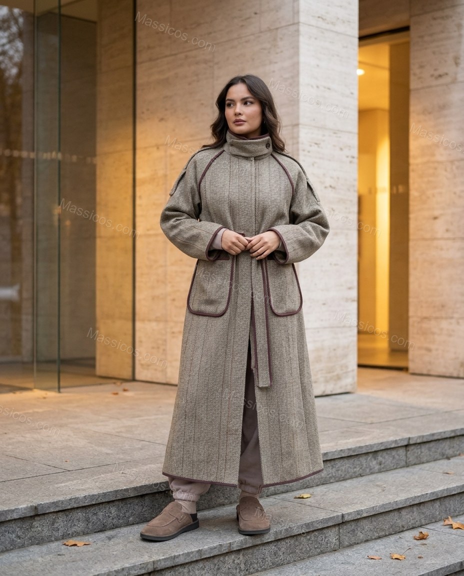 Grey Beige Plaid Coat, three-quarter brand lifestyle view, by Massicos