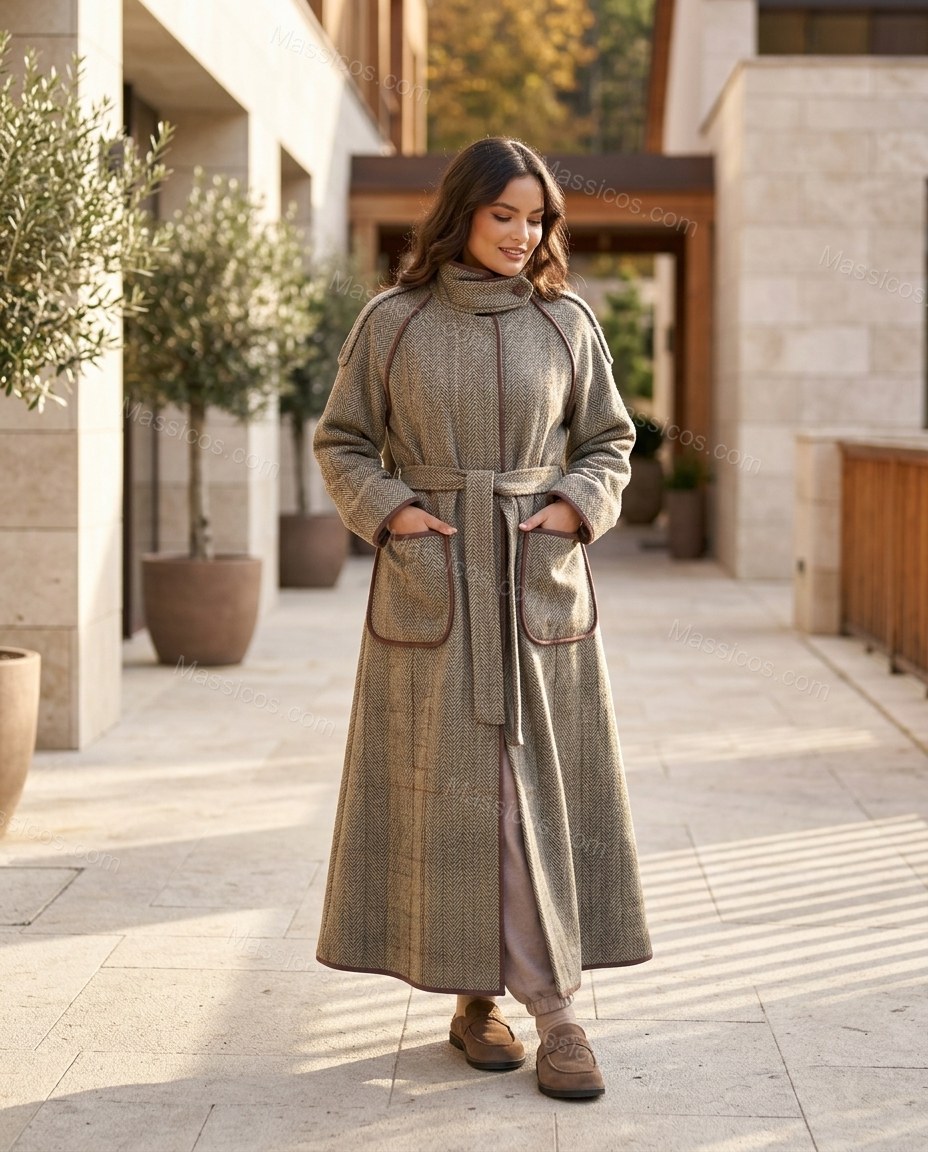 Grey Beige Plaid Coat, alternate use-case lifestyle view, by Massicos