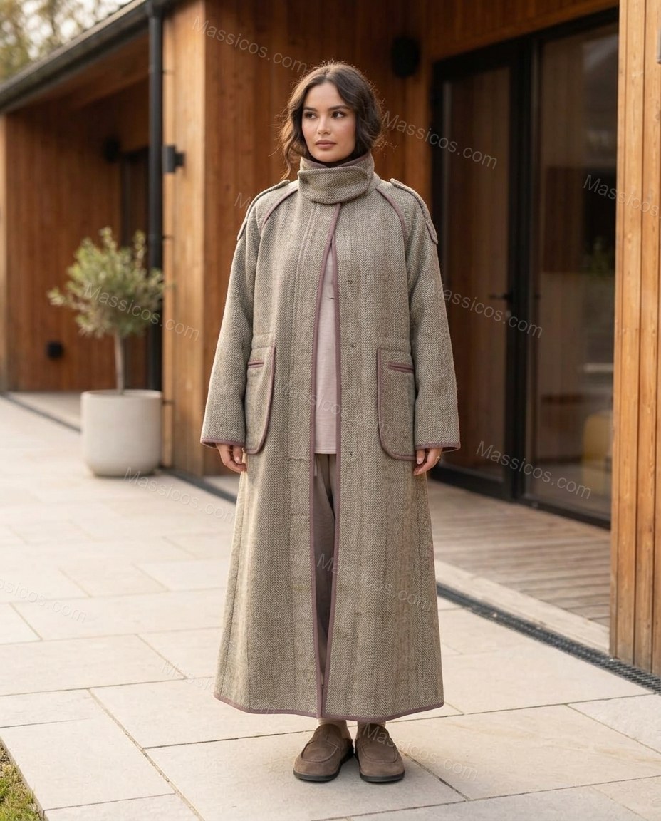 Grey Beige Plaid Coat, full-length hero view, by Massicos