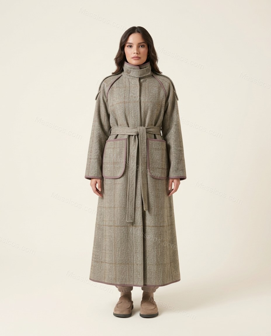 Grey Beige Plaid Coat, front studio view, by Massicos