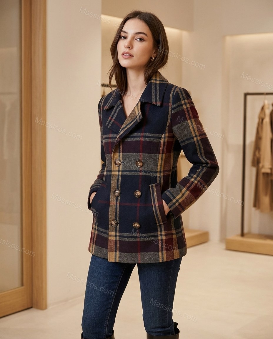 Dark Navy Plaid Jacket, full-length hero view, by Massicos