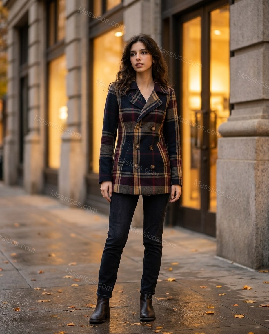 Dark Navy Plaid Jacket, three-quarter brand lifestyle view, by Massicos
