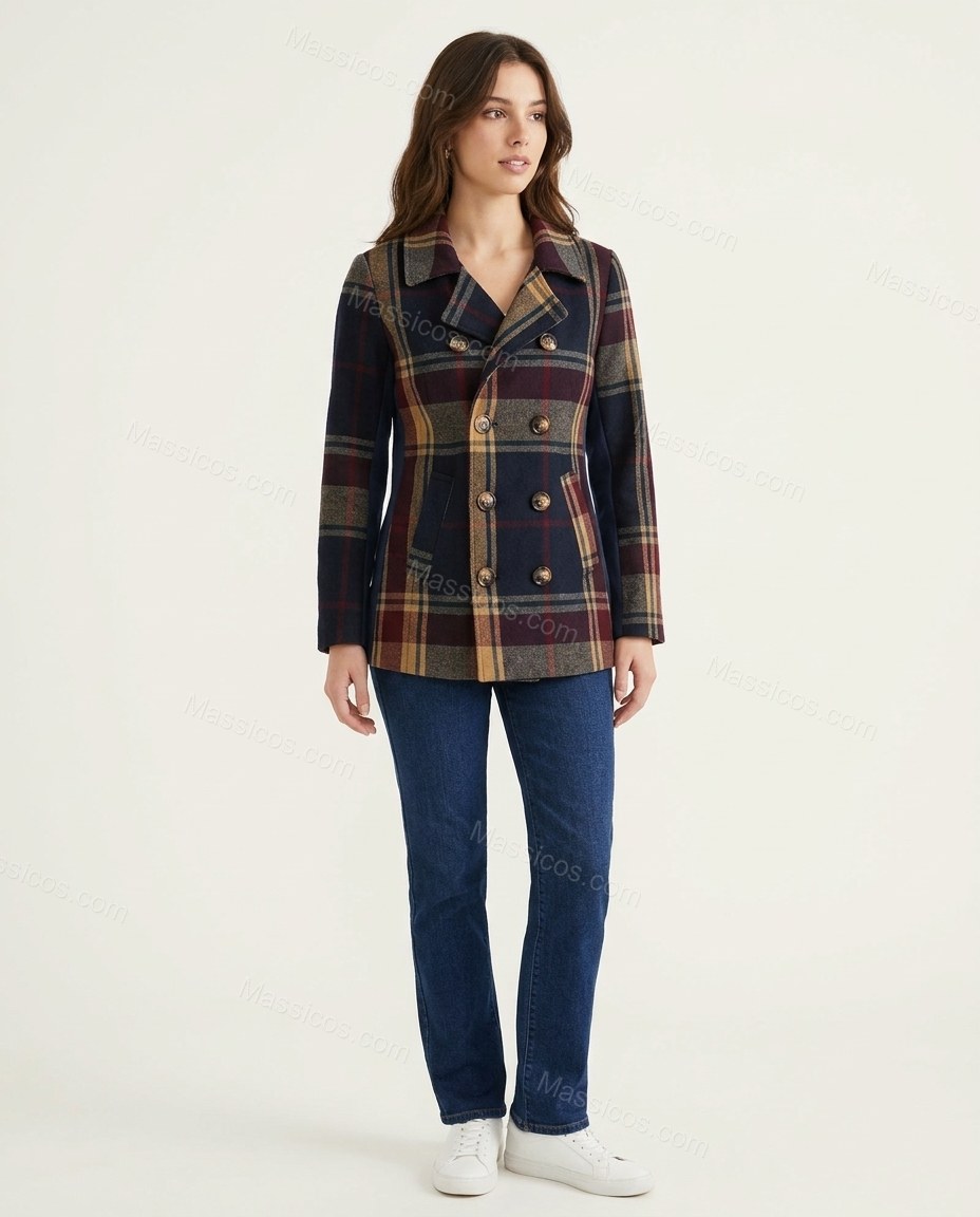 Dark Navy Plaid Jacket, side and back studio view, by Massicos