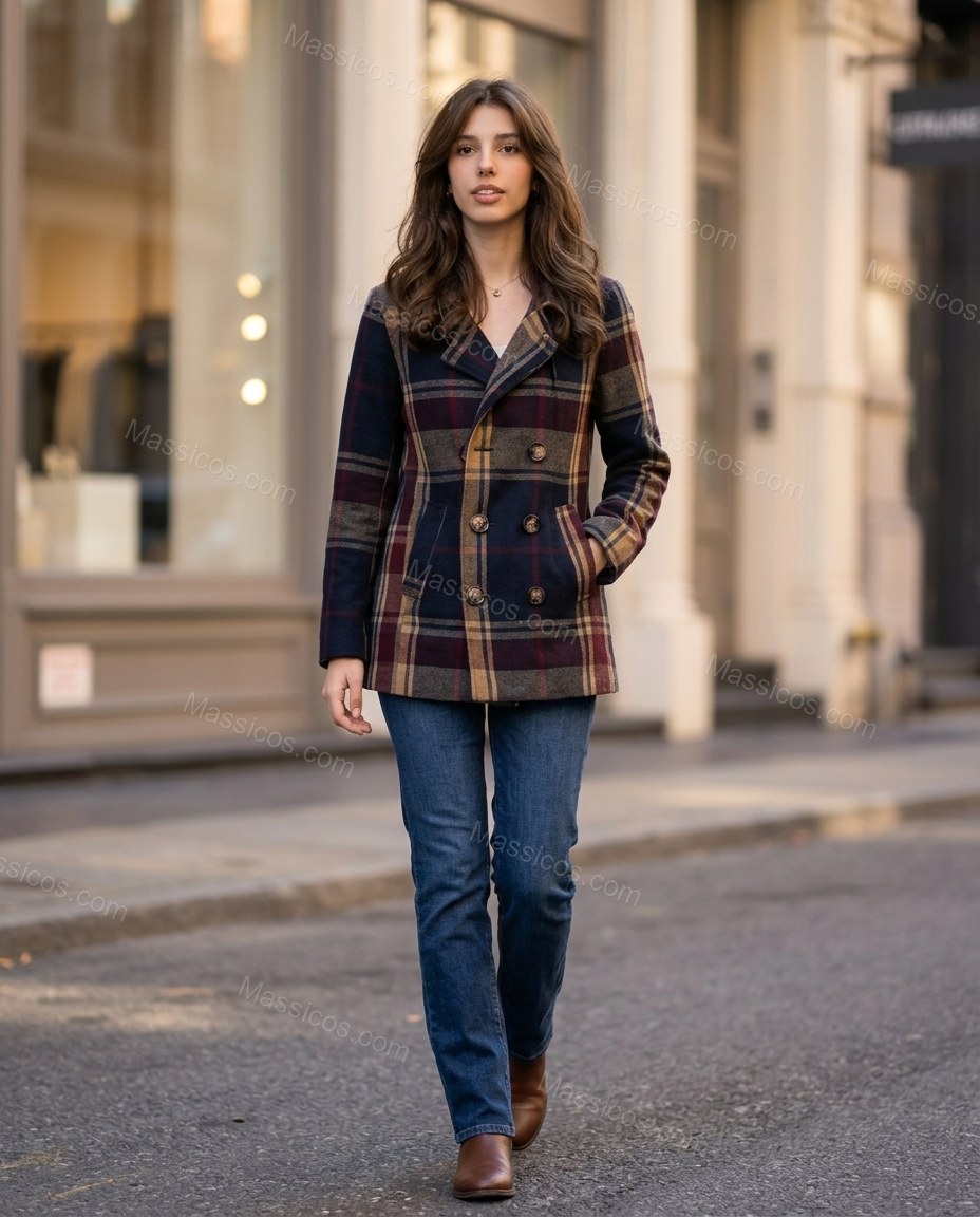 Dark Navy Plaid Jacket, movement and fit lifestyle view, by Massicos