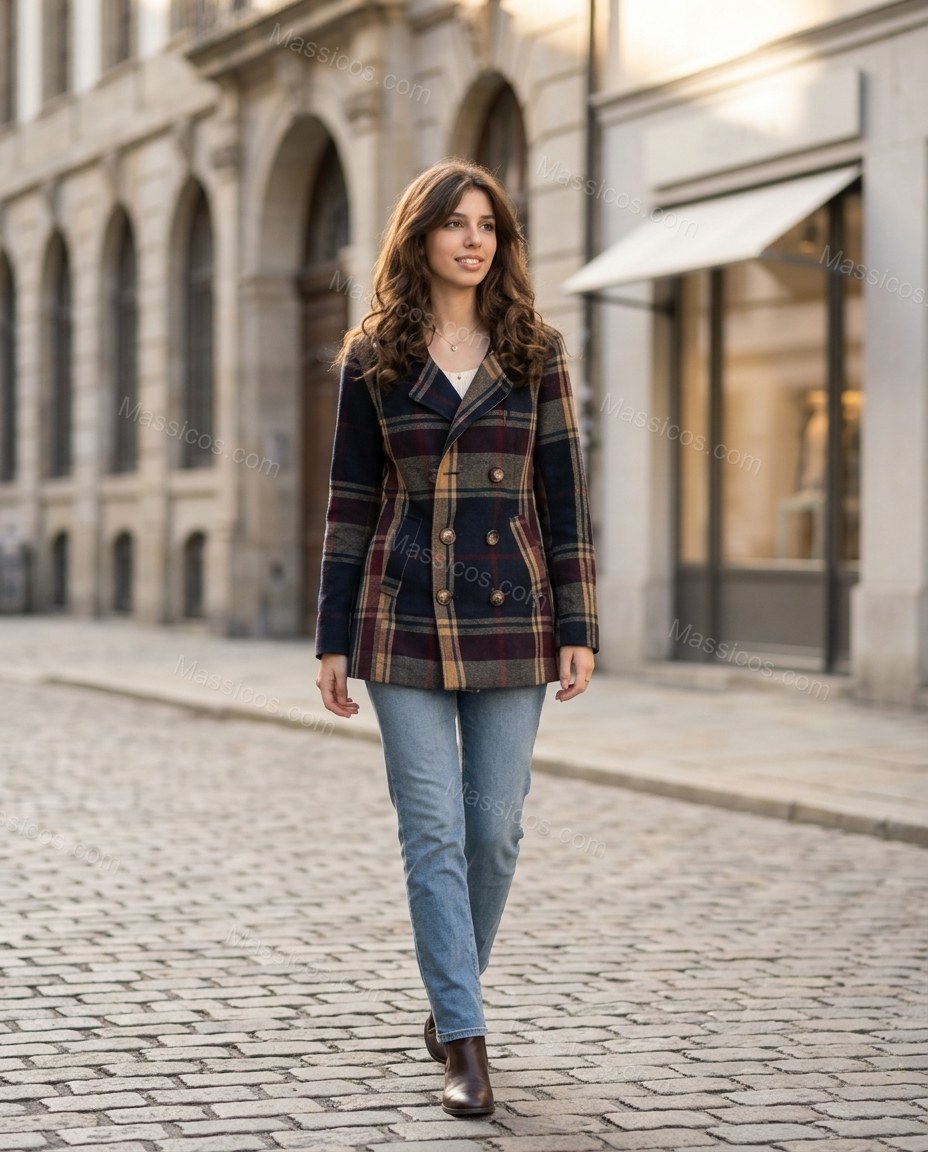 Dark Navy Plaid Jacket, walking lifestyle view, by Massicos