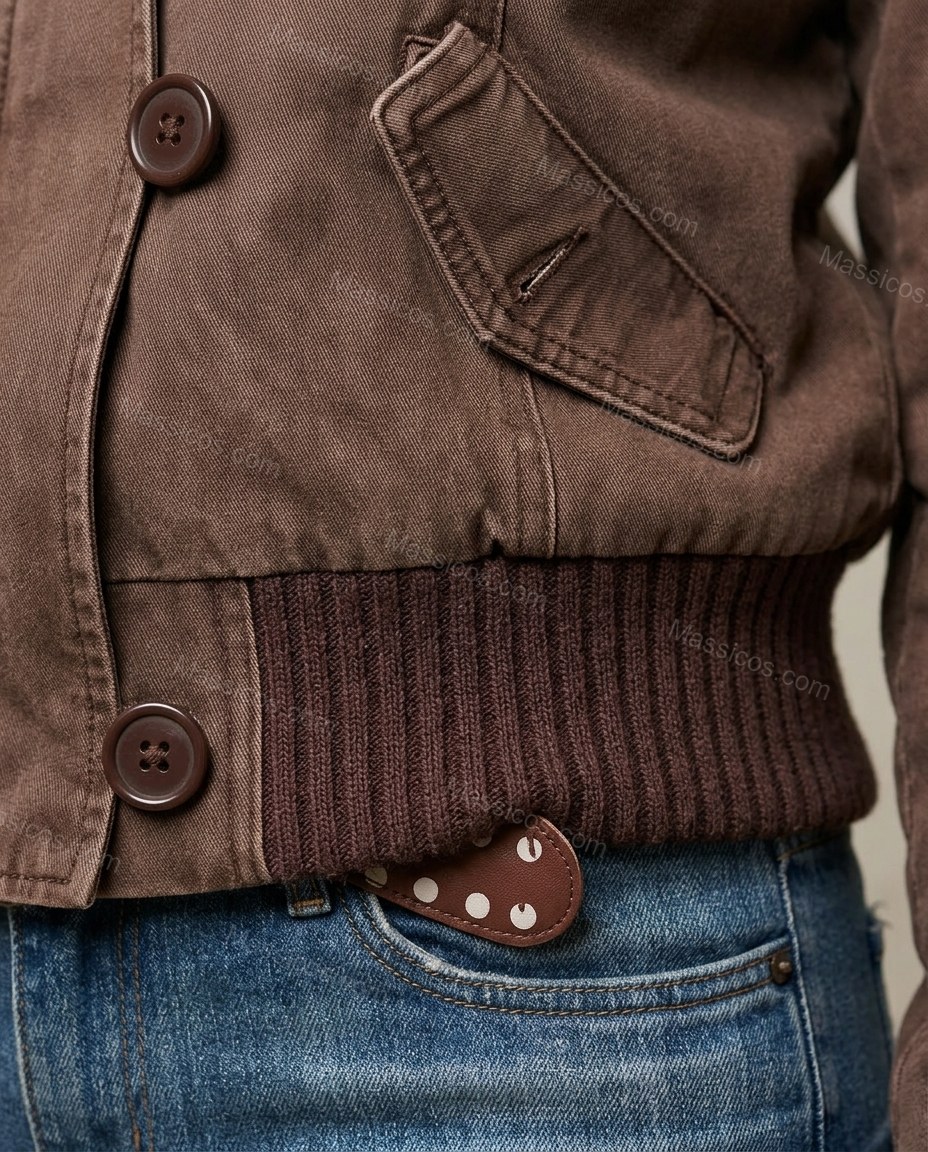 Medium Brown Ribbed Jacket, close-up of dark brown and tan accents, stand collar and long sleeve, by Massicos