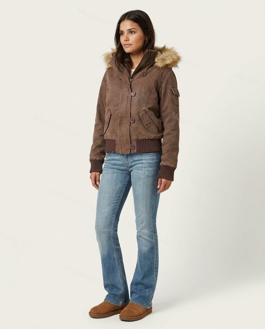 Medium Brown Ribbed Jacket, side and back studio view showing plain back with ribbed hem and cuffs, by Massicos