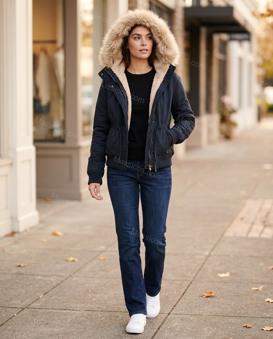 Dark Navy Black Jacket, movement and fit lifestyle view, by Massicos