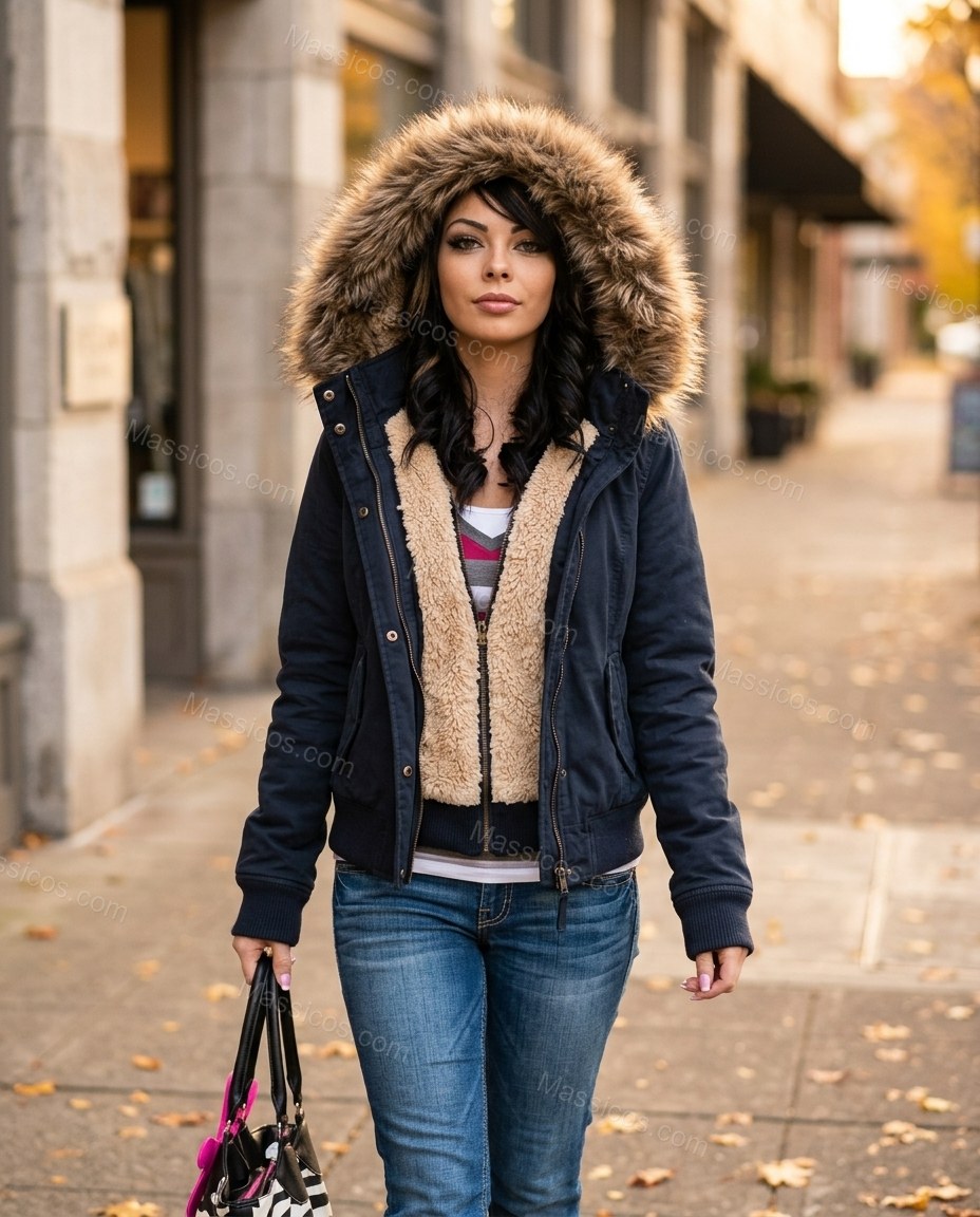 Dark Navy Black Jacket, walking lifestyle view, by Massicos