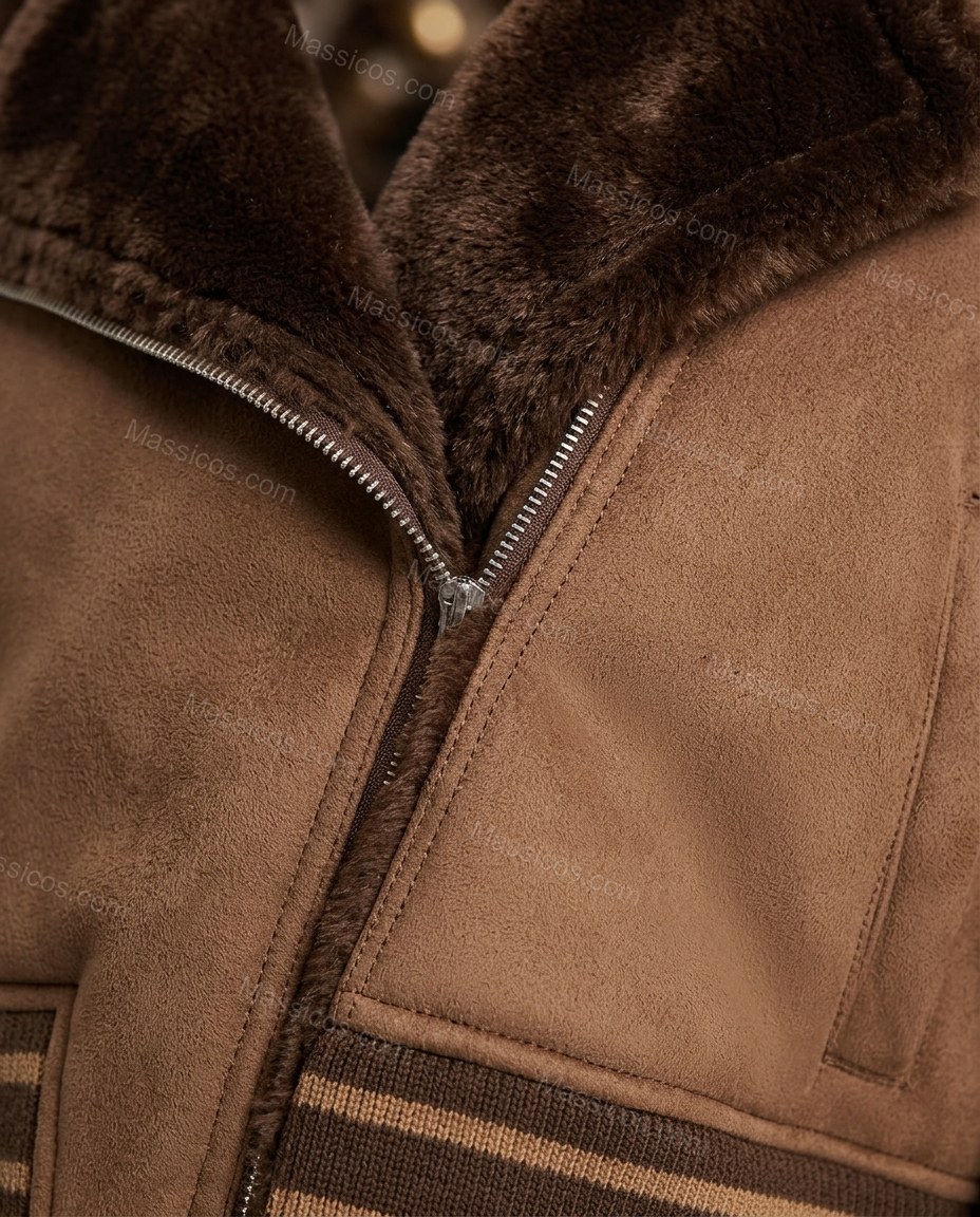 Warm Brown Jacket, close-up of tan accents, spread collar and long sleeve, by Massicos
