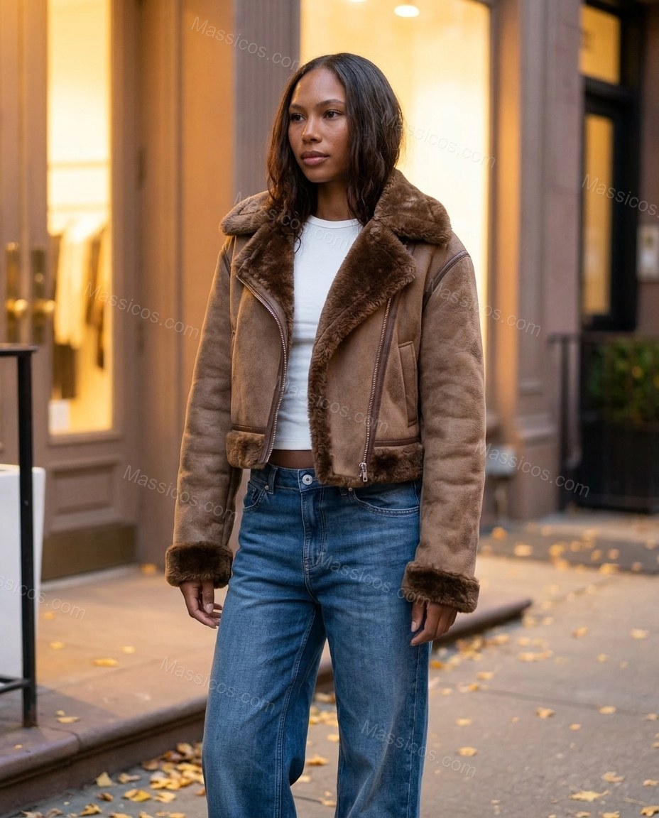 Warm Brown Jacket, three-quarter brand lifestyle view, by Massicos
