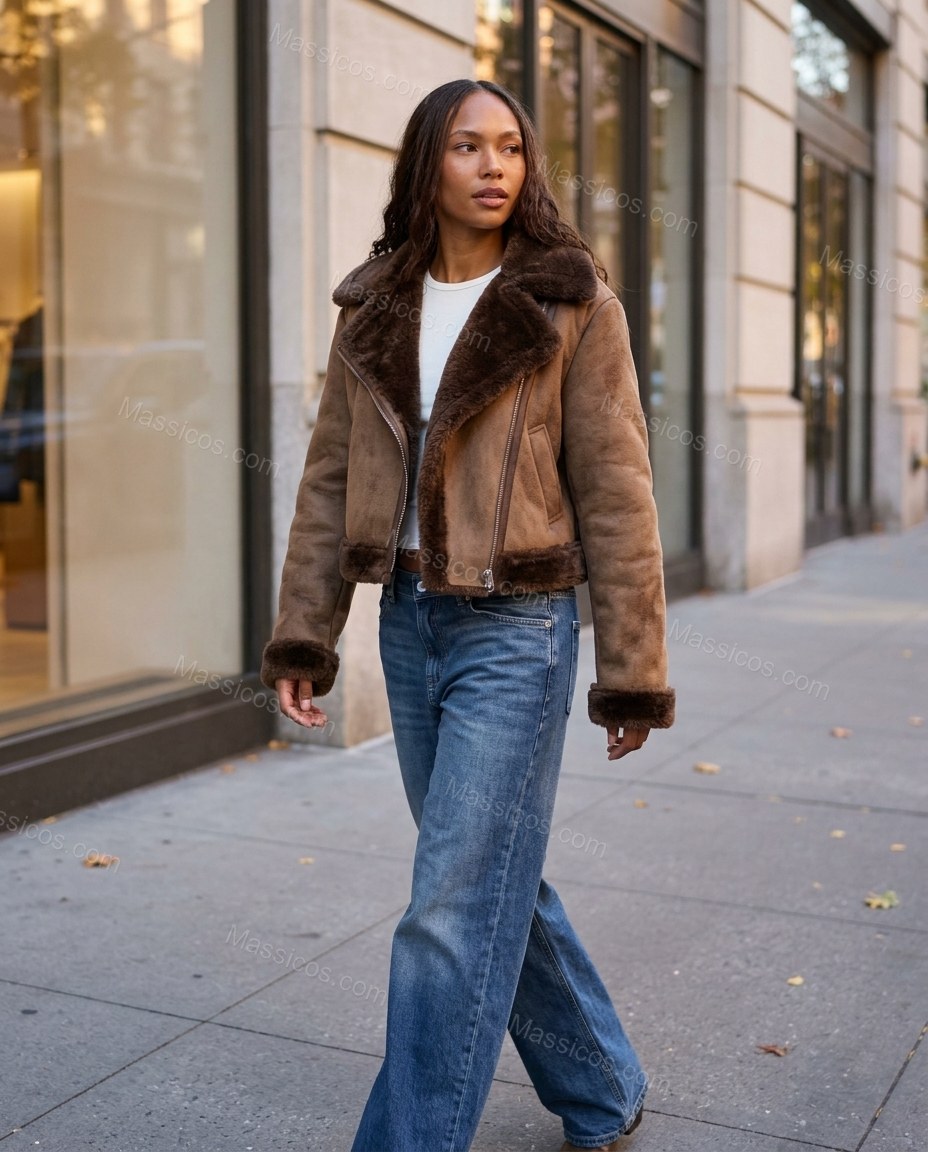 Warm Brown Jacket, walking lifestyle view, by Massicos
