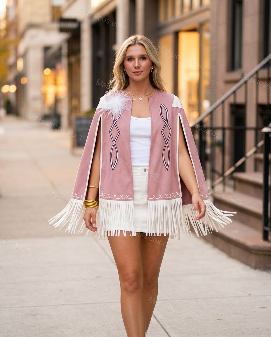Dusty Pink Geometric Cape Embroidered Outerwear, movement and fit lifestyle view, by Massicos